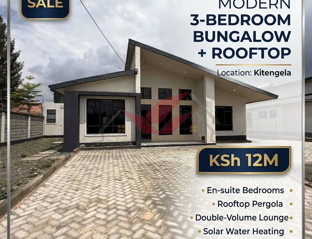 Modern 3-bedroom bungalow in Kitengela with rooftop, en-suite SQ, double-volume lounge, solar water heating, and flexible payment options.