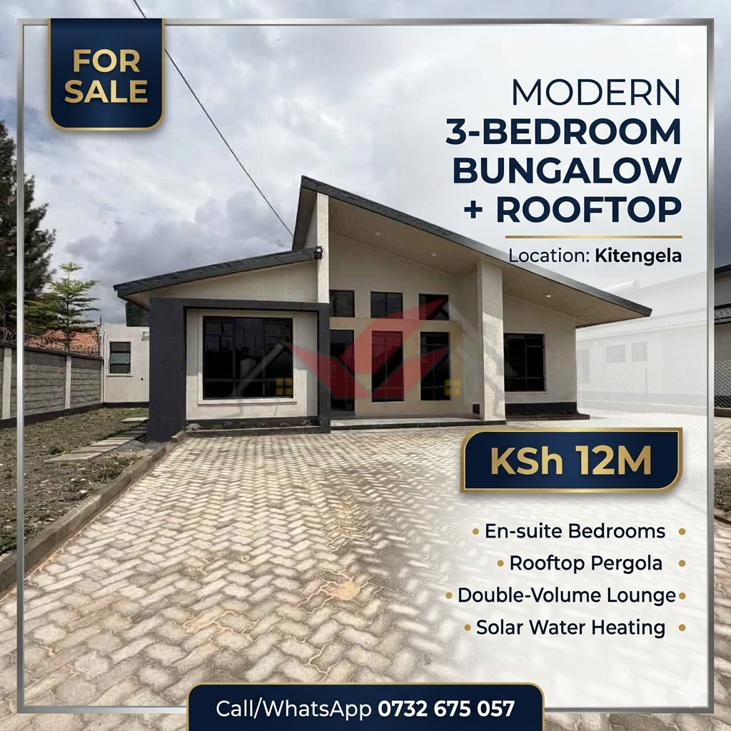 Modern 3-bedroom bungalow in Kitengela with rooftop, en-suite SQ, double-volume lounge, solar water heating, and flexible payment options.