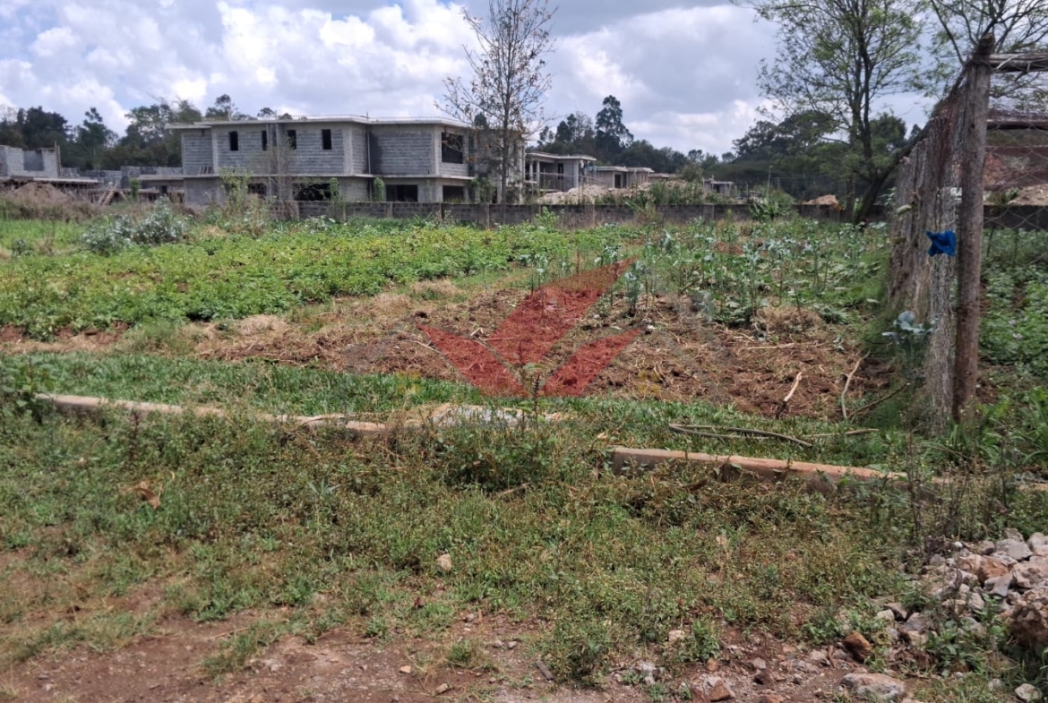 Flat half-acre residential land for sale in Windyridge Karen featuring rich red soil and mature indigenous trees.