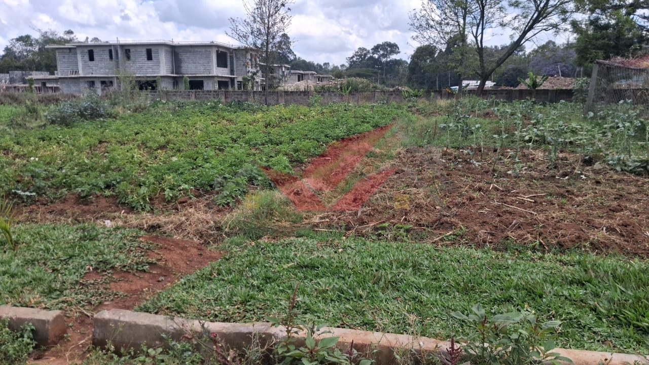 Flat half-acre residential land for sale in Windyridge Karen featuring rich red soil and mature indigenous trees with a ready title deed .