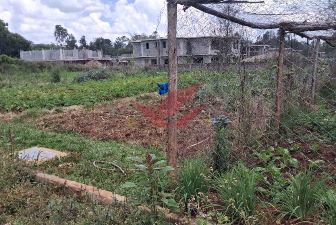 Flat half-acre residential land for sale in Windyridge Karen featuring rich red soil and mature indigenous trees with a ready title deed .