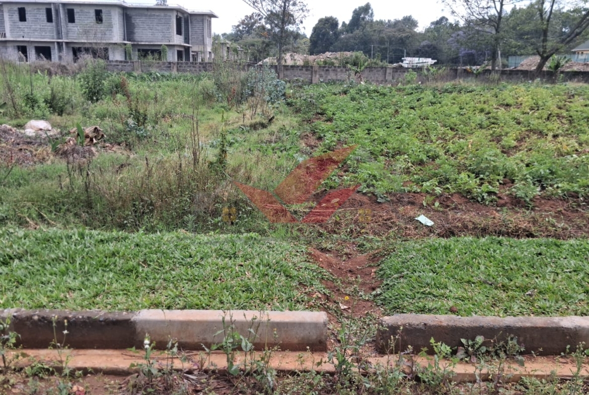 Flat half-acre residential land for sale in Windyridge Karen featuring rich red soil and mature indigenous trees with a ready title deed .