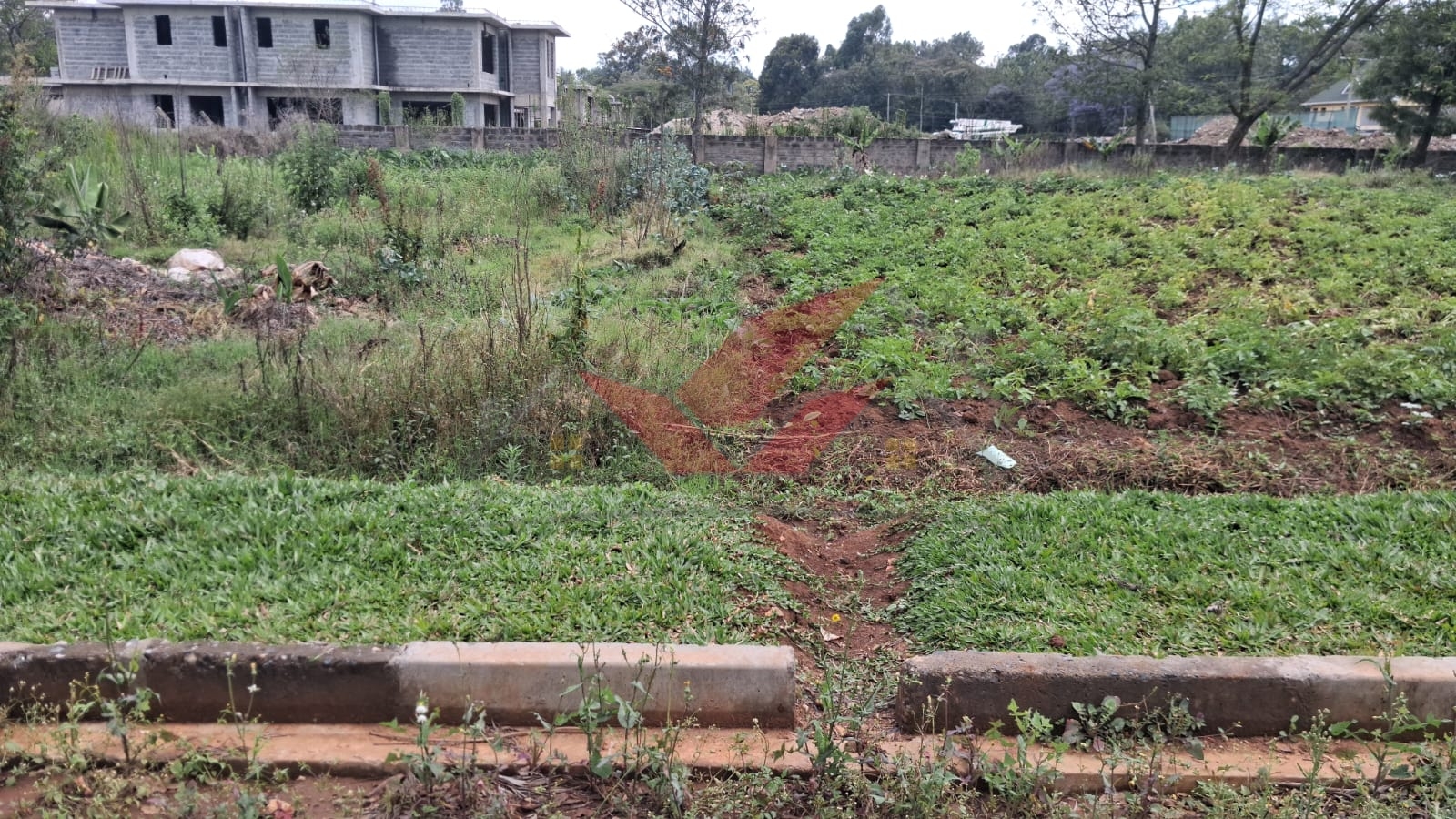 Flat half-acre residential land for sale in Windyridge Karen featuring rich red soil and mature indigenous trees with a ready title deed .
