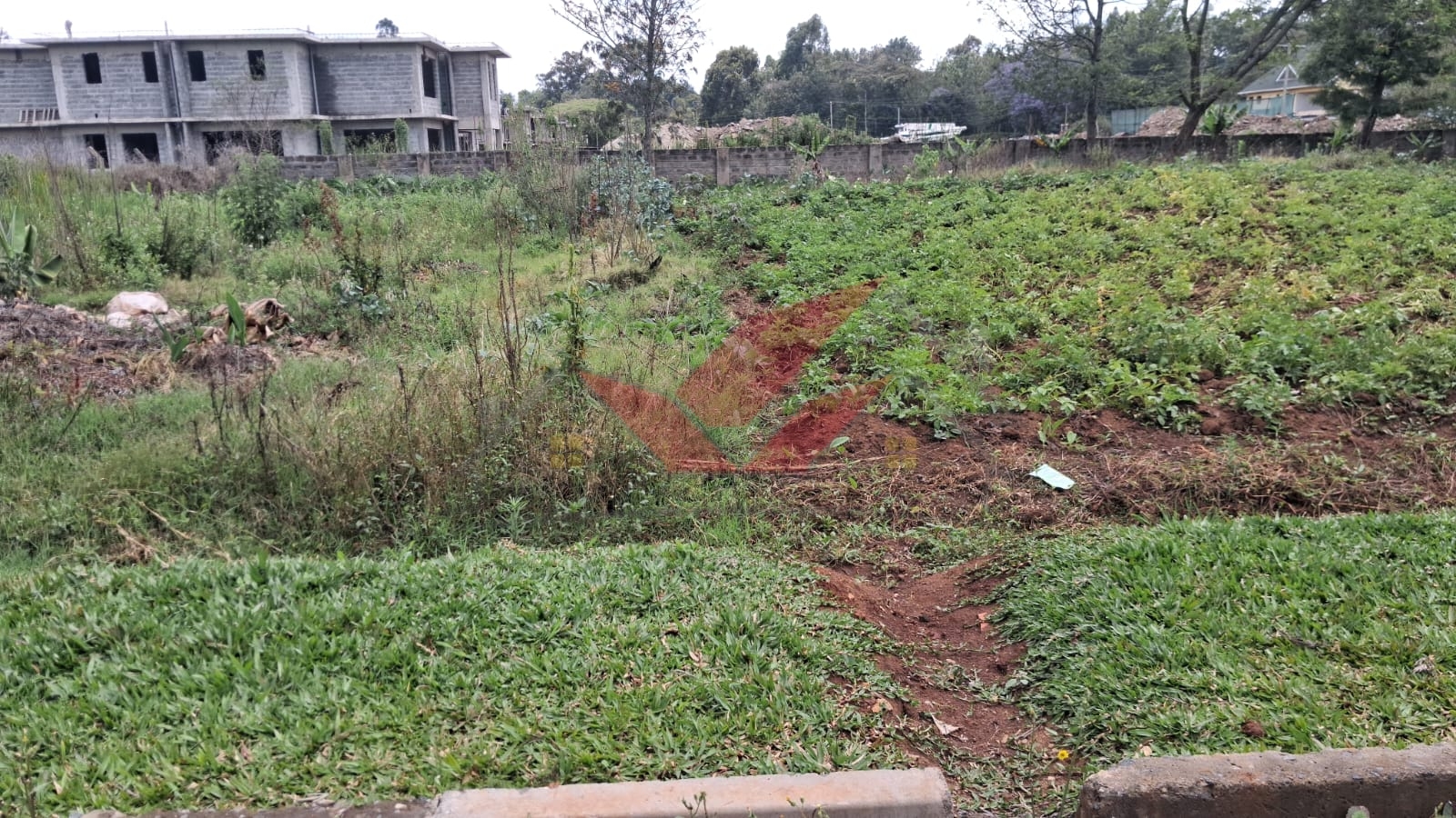 Flat half-acre residential land for sale in Windyridge Karen featuring rich red soil and mature indigenous trees with a ready title deed .