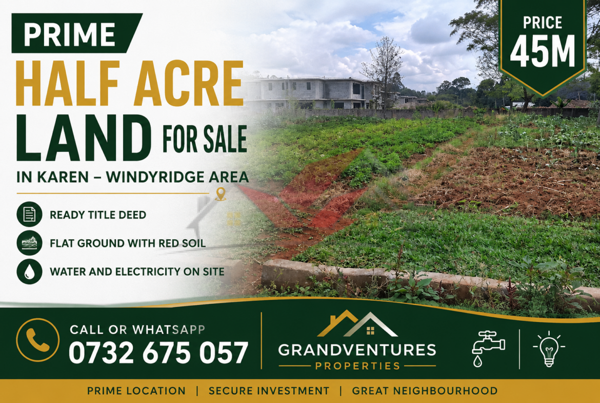 Real estate listing banner for prime 0.5 acre land for sale in Windyridge Karen by Grand Ventures Properties.