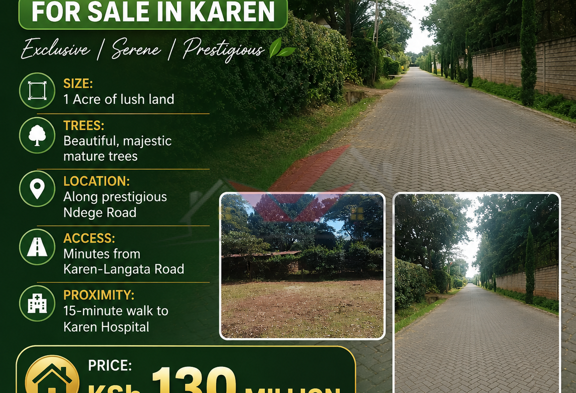Prime 1-acre residential land for sale along Ndege Road, Karen. Features majestic mature trees and excellent proximity to Karen Hospital. Perfect for a luxury villa.