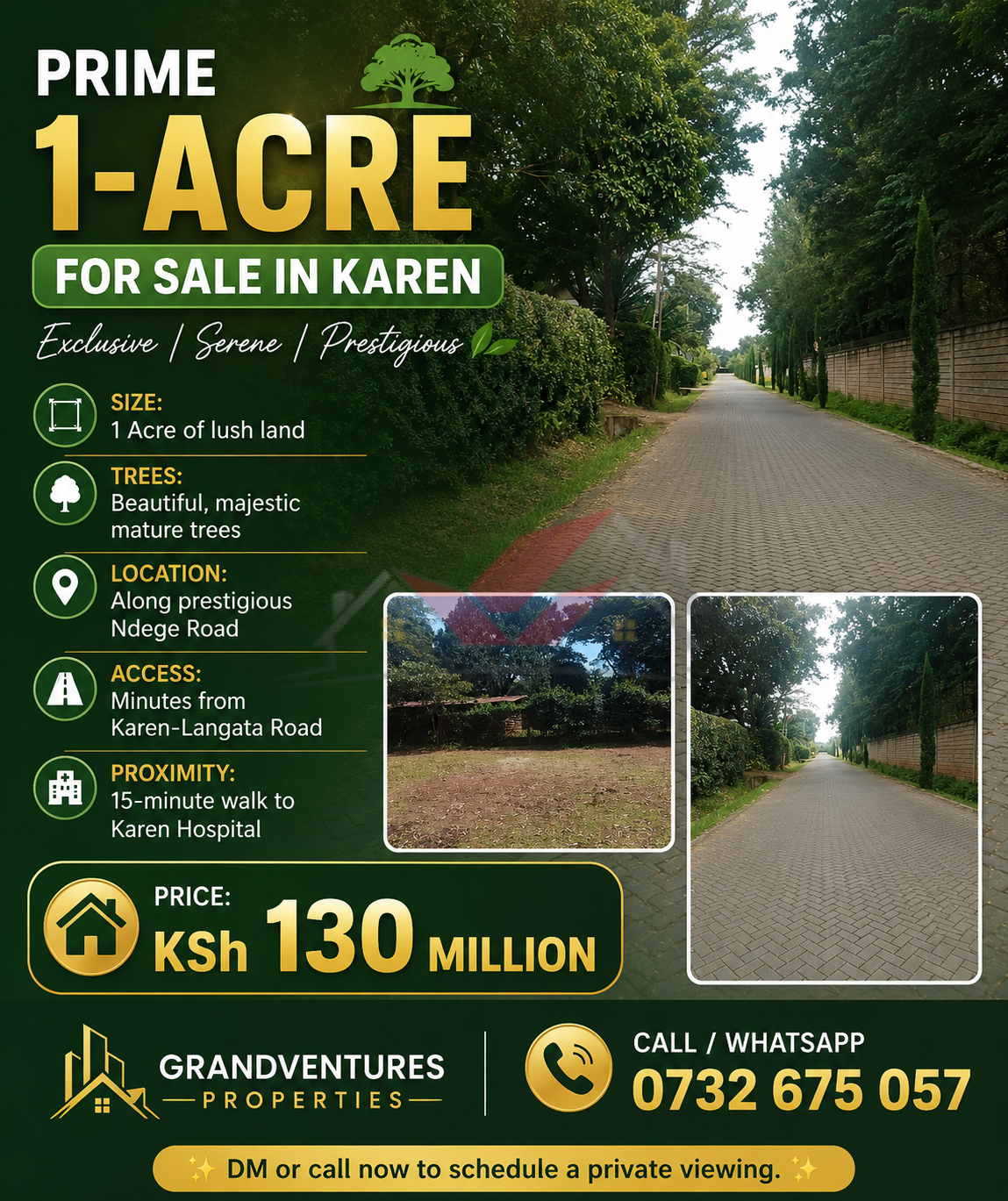 Prime 1-acre residential land for sale along Ndege Road, Karen. Features majestic mature trees and excellent proximity to Karen Hospital. Perfect for a luxury villa.