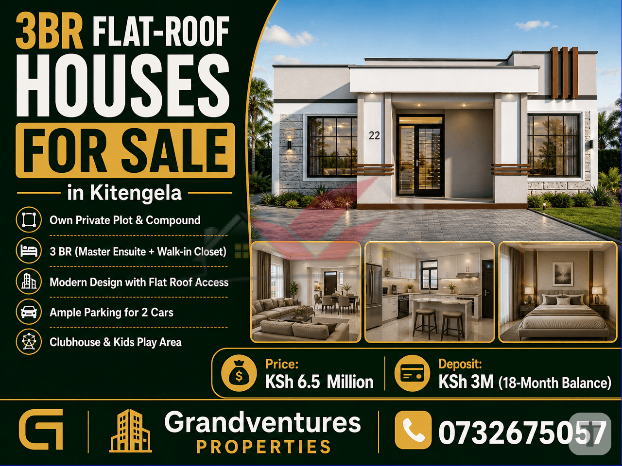 Modern 3-Bedroom Flat-Roof houses for Sale in Kimalat, Kitengela
